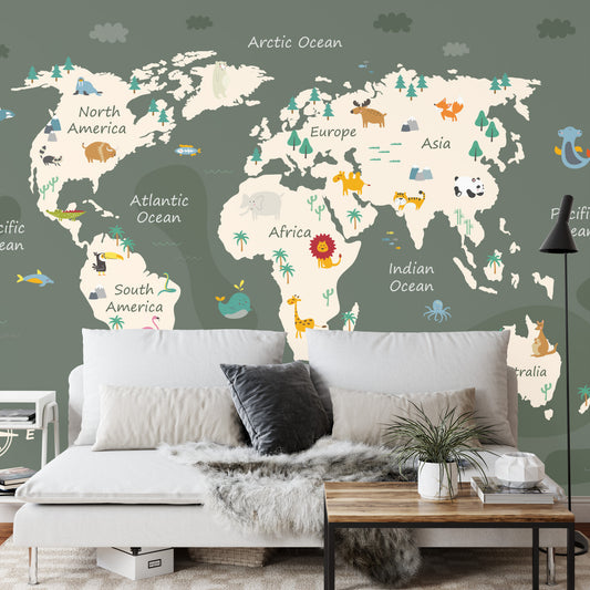 Fototapete The World Map With Cartoon Animals For Kids, Nature, Discovery And Continent Name, Ocean Name. Children&#039;s Map Design For Wallpaper, Kids Room, Wall Art