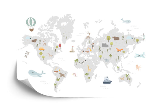 Fototapete World Map With Cute Animals In Cartoon Style. Map For Nursery, Kids Room With Nature, Animals, Transports. Skandi