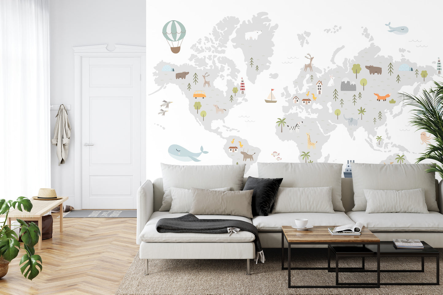 Fototapete World Map With Cute Animals In Cartoon Style. Map For Nursery, Kids Room With Nature, Animals, Transports. Skandi