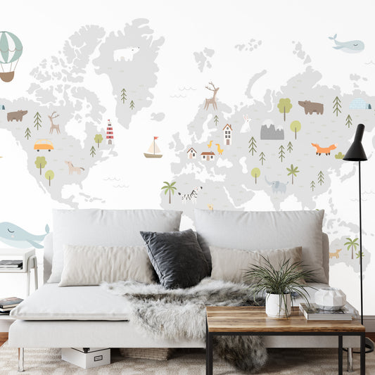 Fototapete World Map With Cute Animals In Cartoon Style. Map For Nursery, Kids Room With Nature, Animals, Transports. Skandi