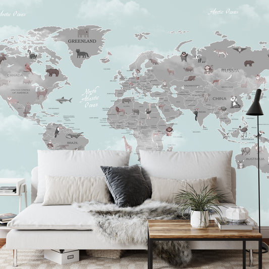 Fototapete Animals World Map For Kids Wallpaper Design