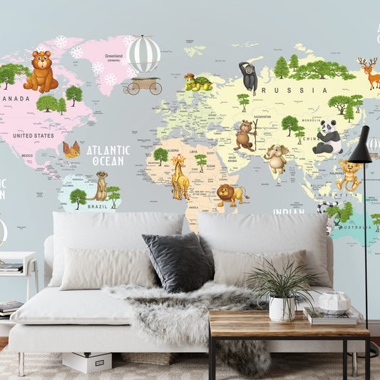 Fototapete Animals World Map For Kids Wallpaper Design