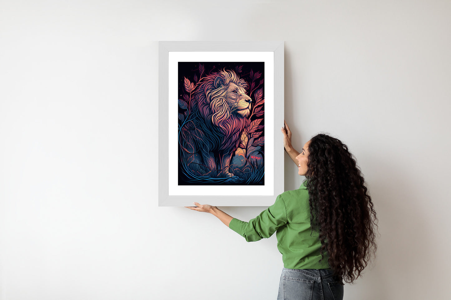 Poster Majestätischer Löwe In Illustration Rahmen Holz Mit Passepartout Farbe Natürlich