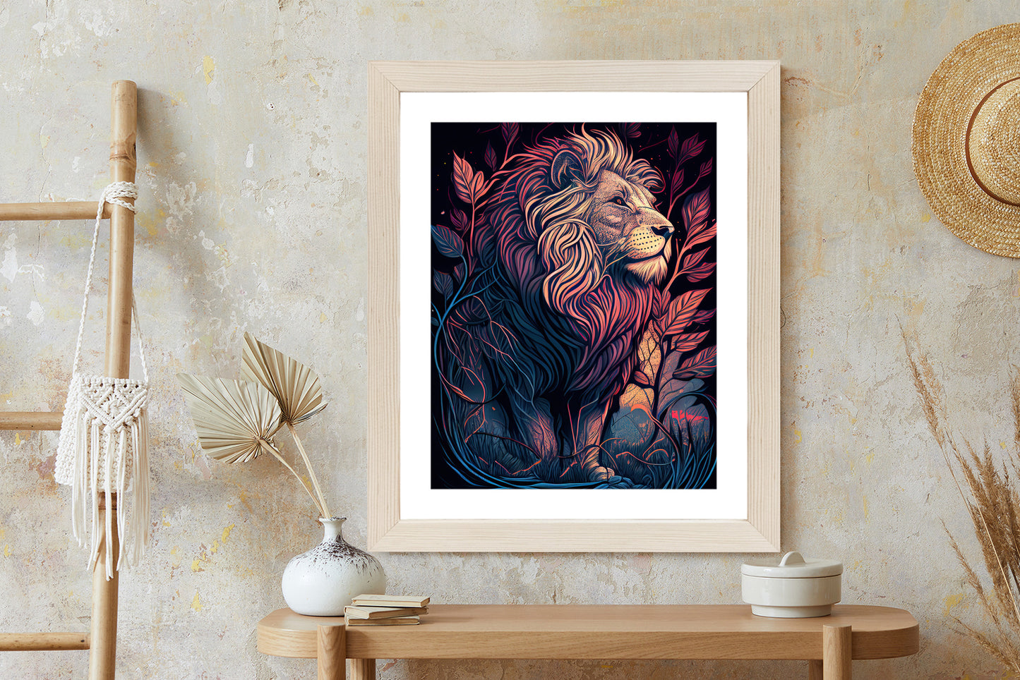 Poster Majestätischer Löwe In Illustration Rahmen Holz Mit Passepartout Farbe Natürlich