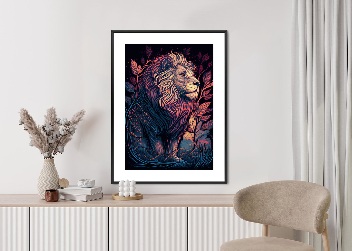 Poster Majestätischer Löwe In Illustration Rahmen Holz Mit Passepartout Farbe Natürlich