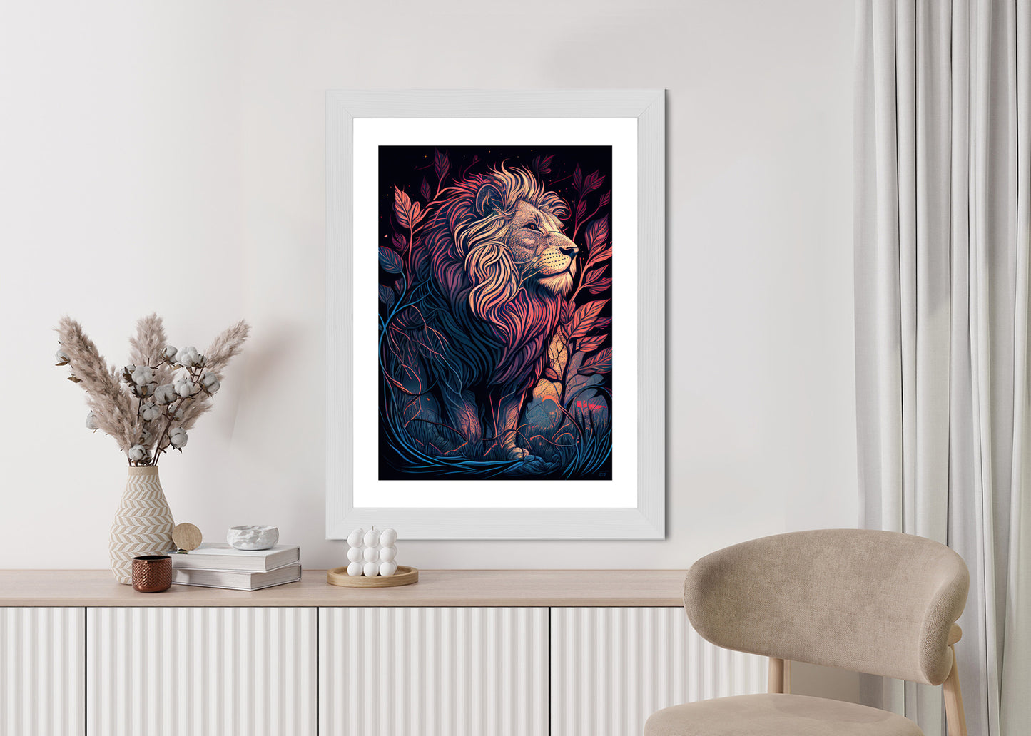 Poster Majestätischer Löwe In Illustration Rahmen Holz Mit Passepartout Farbe Natürlich
