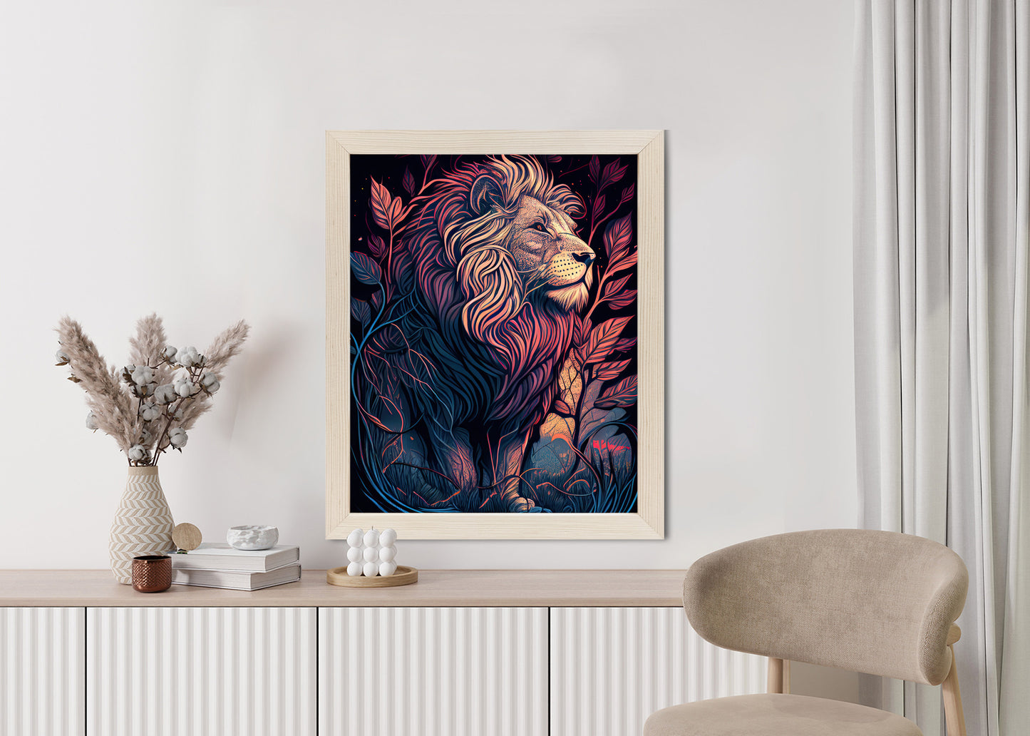 Poster Majestätischer Löwe In Illustration Rahmen Holz Mit Passepartout Farbe Natürlich
