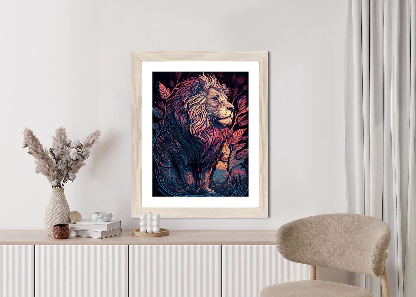 Poster Majestätischer Löwe In Illustration Rahmen Holz Mit Passepartout Farbe Natürlich