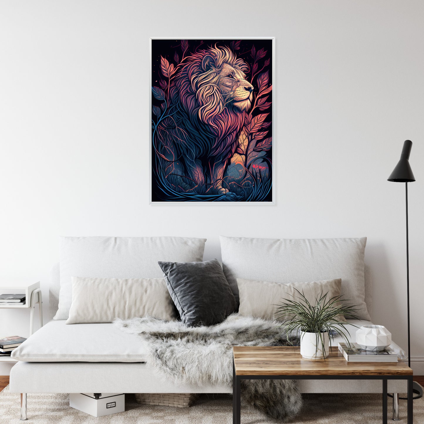 Poster Majestätischer Löwe In Illustration Rahmen Holz Mit Passepartout Farbe Natürlich