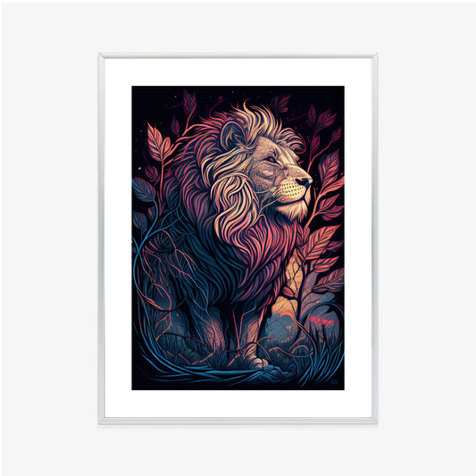 Poster Majestätischer Löwe In Illustration Rahmen Holz Mit Passepartout Farbe Natürlich