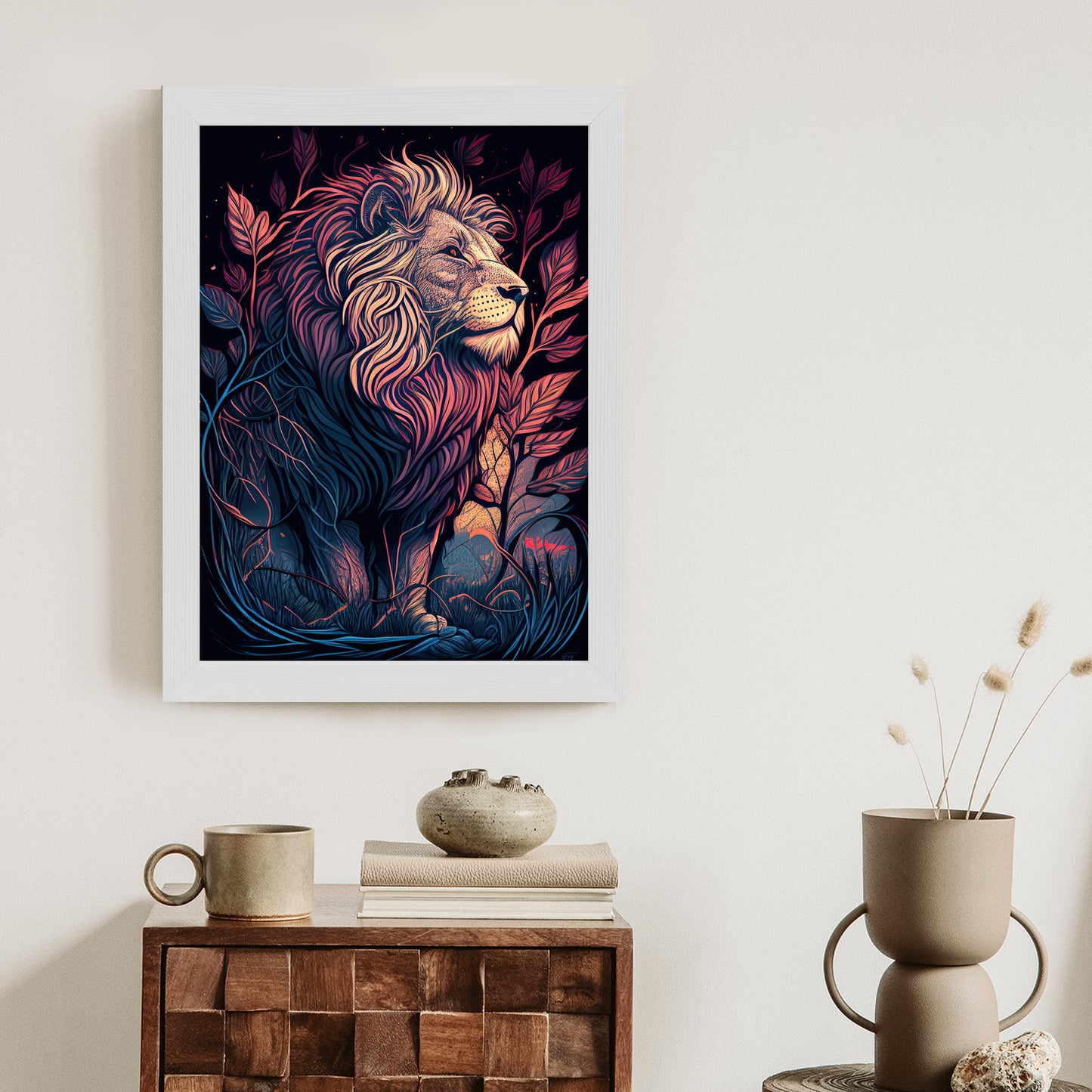 Poster Majestätischer Löwe In Illustration Rahmen Holz Mit Passepartout Farbe Natürlich