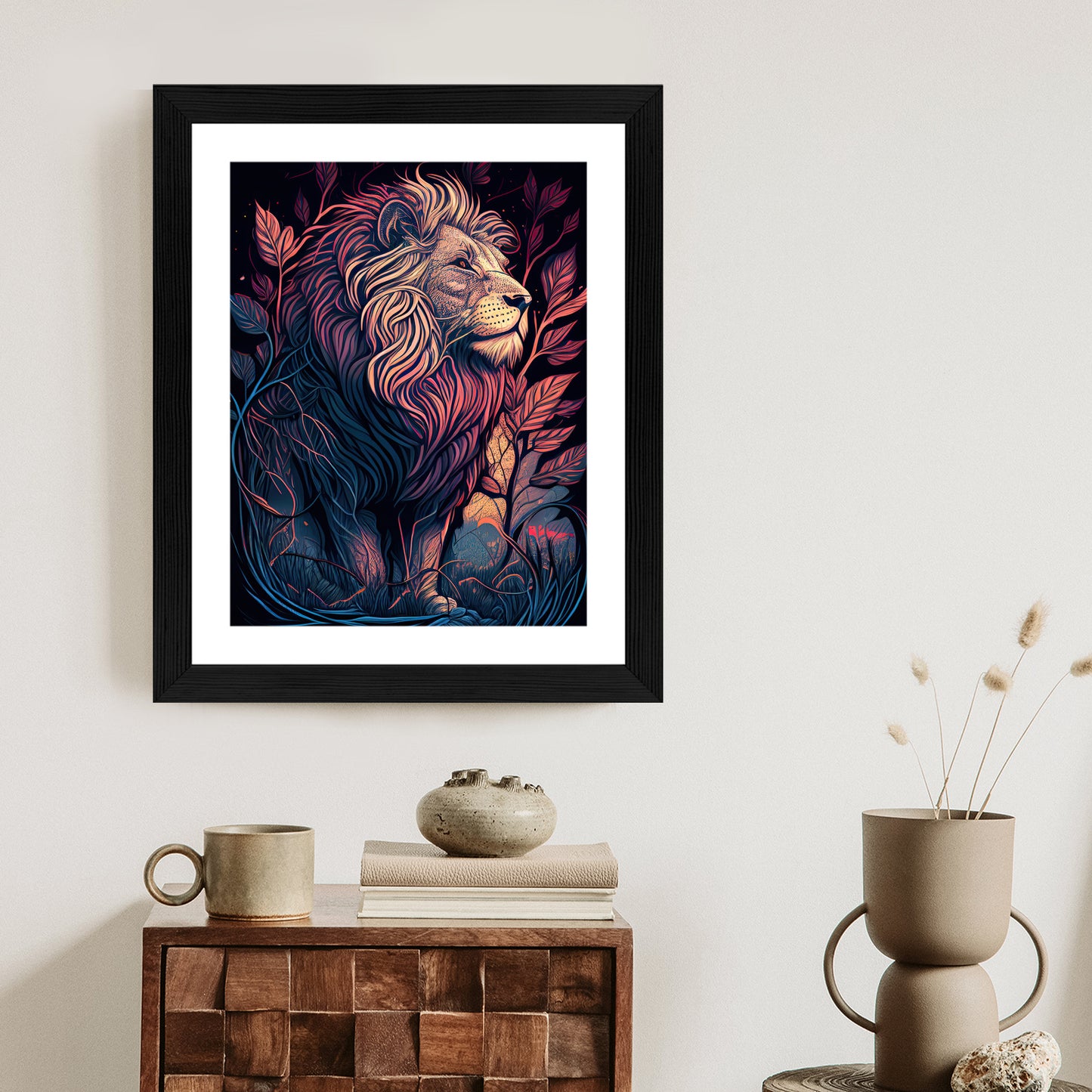 Poster Majestätischer Löwe In Illustration Rahmen Holz Mit Passepartout Farbe Natürlich