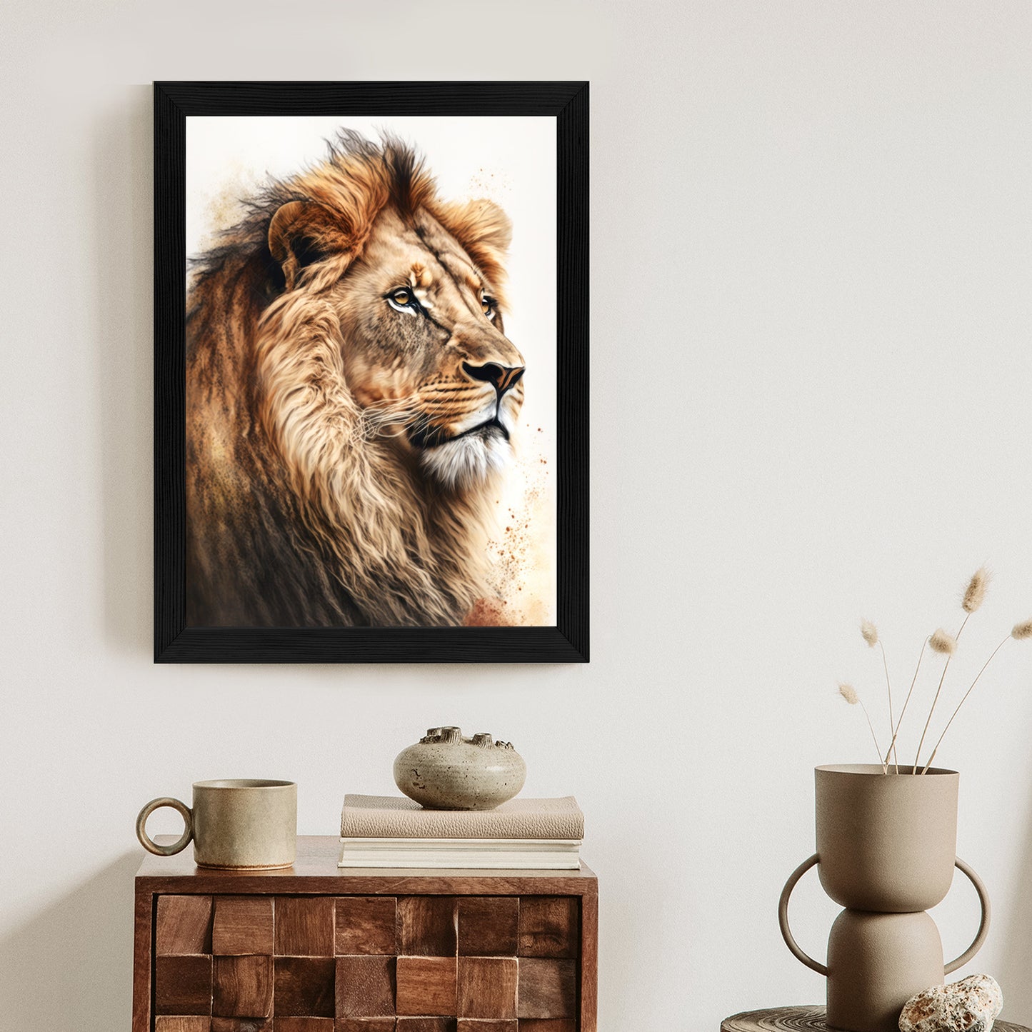 Poster Ein Löwe Mit Üppiger Mähne Rahmen Holz Mit Passepartout Farbe Natürlich