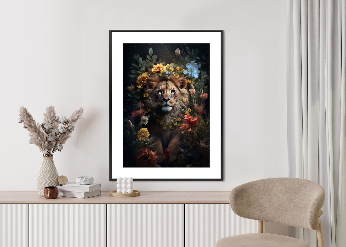 Poster Porträt Eines Löwen Inmitten Von Blumen Rahmen Holz Mit Passepartout Farbe Natürlich