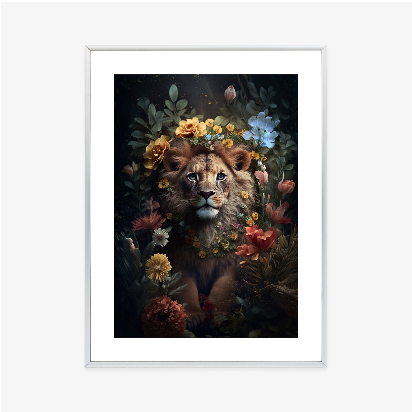 Poster Porträt Eines Löwen Inmitten Von Blumen Rahmen Holz Mit Passepartout Farbe Natürlich