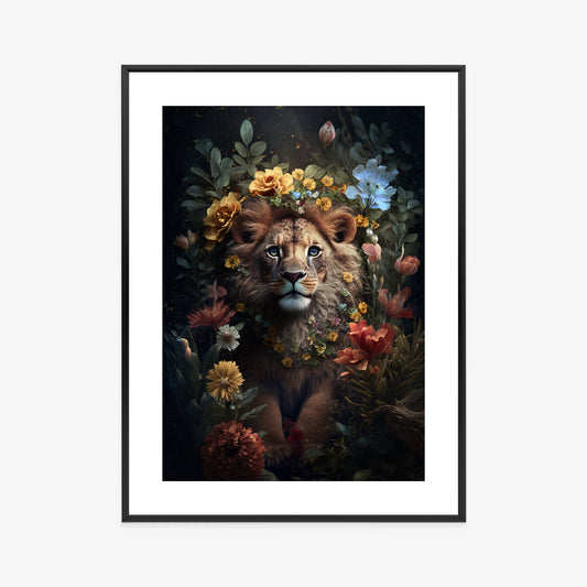 Poster Porträt Eines Löwen Inmitten Von Blumen Rahmen Holz Mit Passepartout Farbe Natürlich