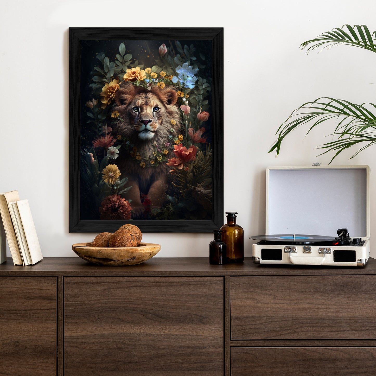 Poster Porträt Eines Löwen Inmitten Von Blumen Rahmen Holz Mit Passepartout Farbe Natürlich