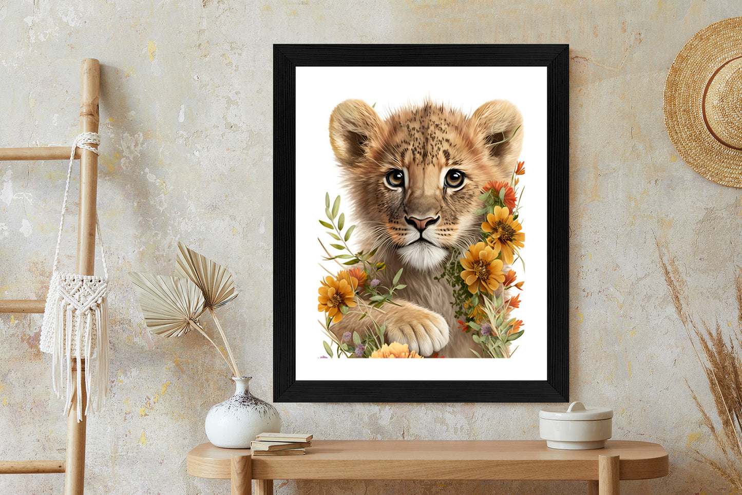 Poster Porträt Eines Löwenbabys In Blumen Rahmen Holz Mit Passepartout Farbe Natürlich