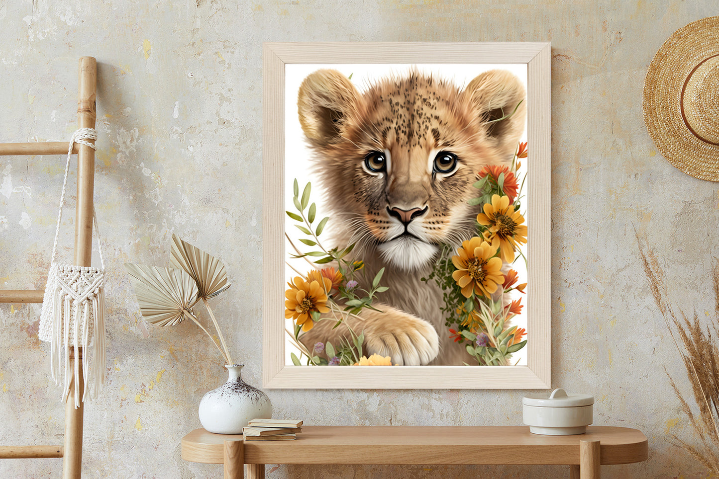 Poster Porträt Eines Löwenbabys In Blumen Rahmen Holz Mit Passepartout Farbe Natürlich