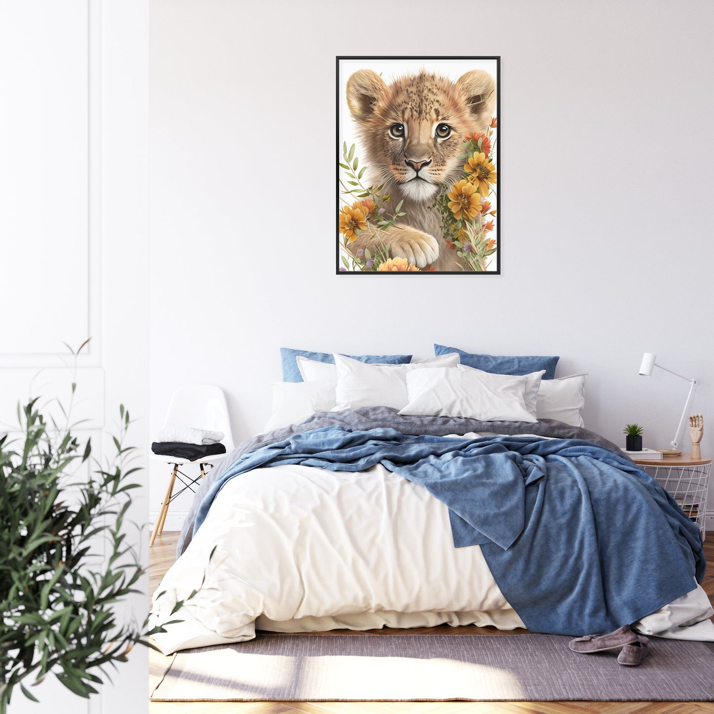 Poster Porträt Eines Löwenbabys In Blumen Rahmen Holz Mit Passepartout Farbe Natürlich