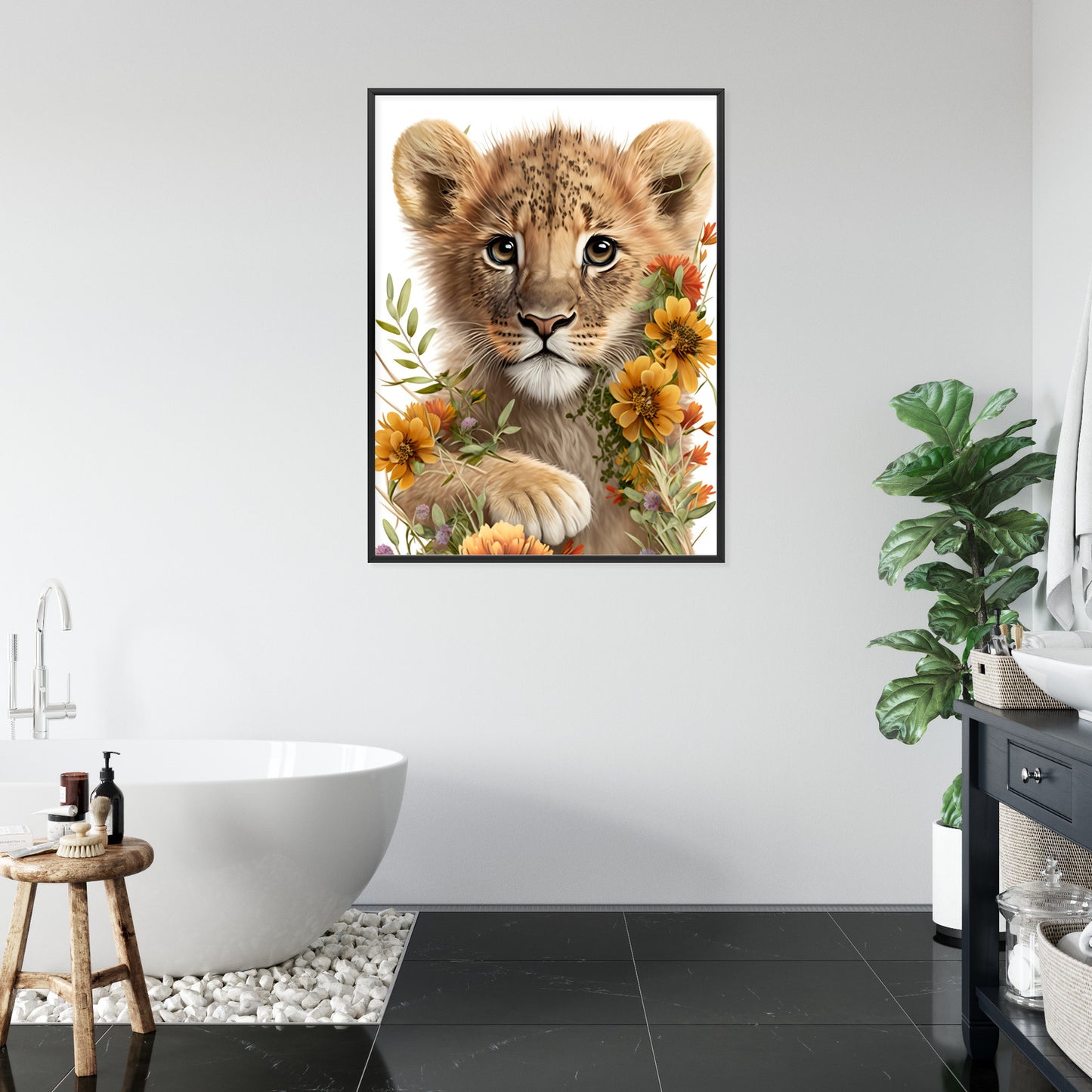 Poster Porträt Eines Löwenbabys In Blumen Rahmen Holz Mit Passepartout Farbe Natürlich