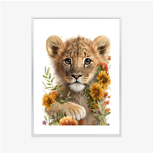 Poster Porträt Eines Löwenbabys In Blumen Rahmen Holz Mit Passepartout Farbe Natürlich