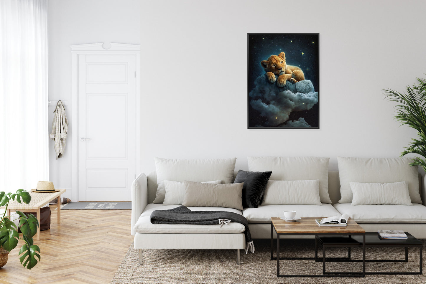 Poster Ein Löwe Schläft Auf Einer Wolke Rahmen Holz Mit Passepartout Farbe Natürlich
