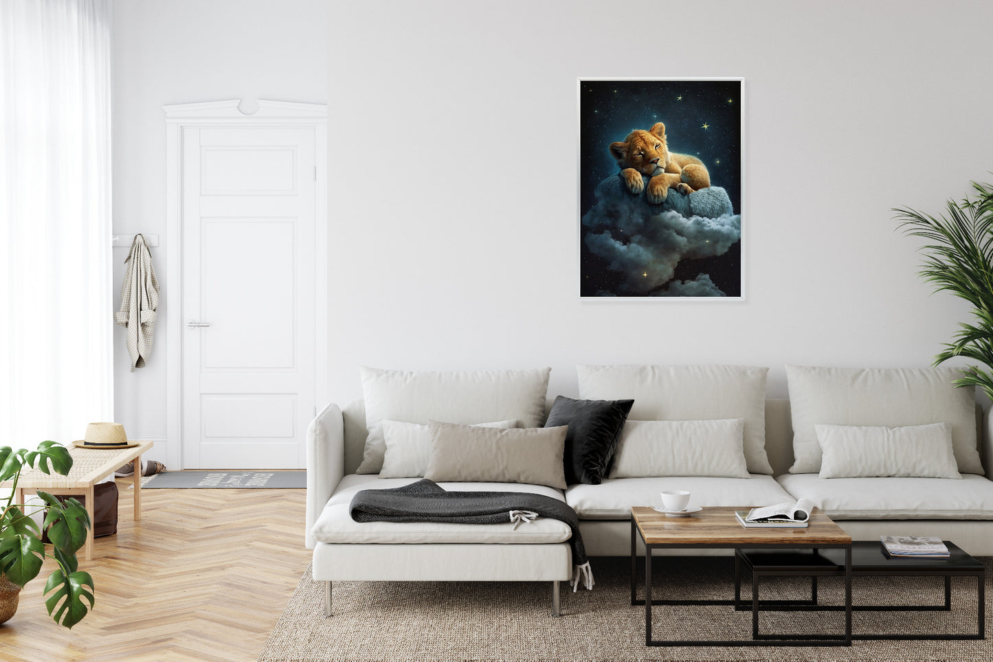 Poster Ein Löwe Schläft Auf Einer Wolke Rahmen Holz Mit Passepartout Farbe Natürlich