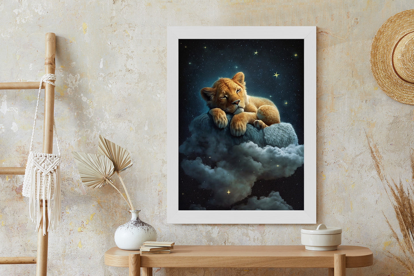 Poster Ein Löwe Schläft Auf Einer Wolke Rahmen Holz Mit Passepartout Farbe Natürlich