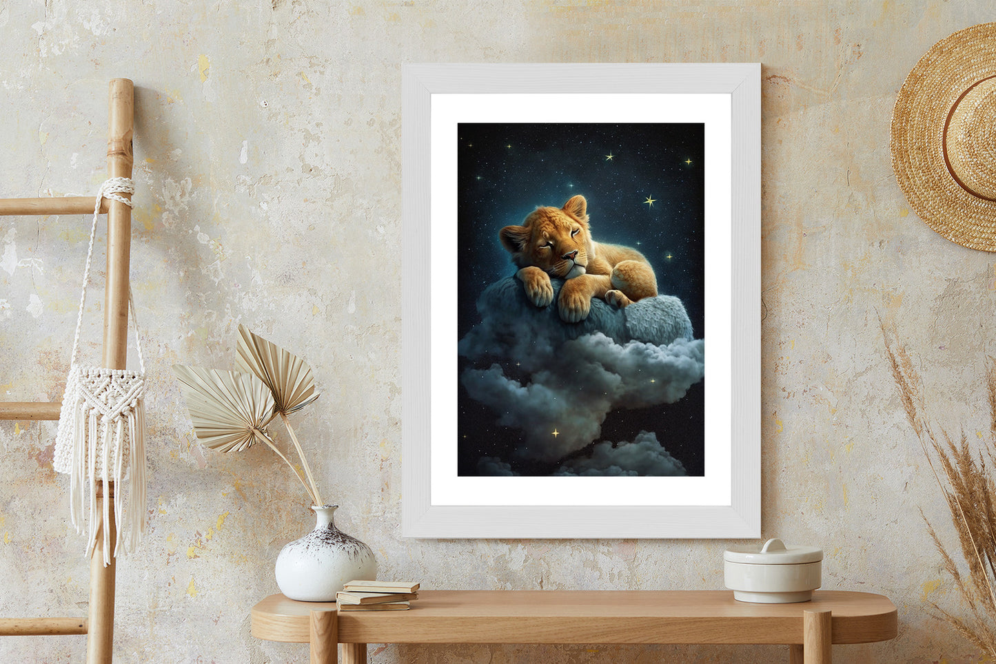 Poster Ein Löwe Schläft Auf Einer Wolke Rahmen Holz Mit Passepartout Farbe Natürlich