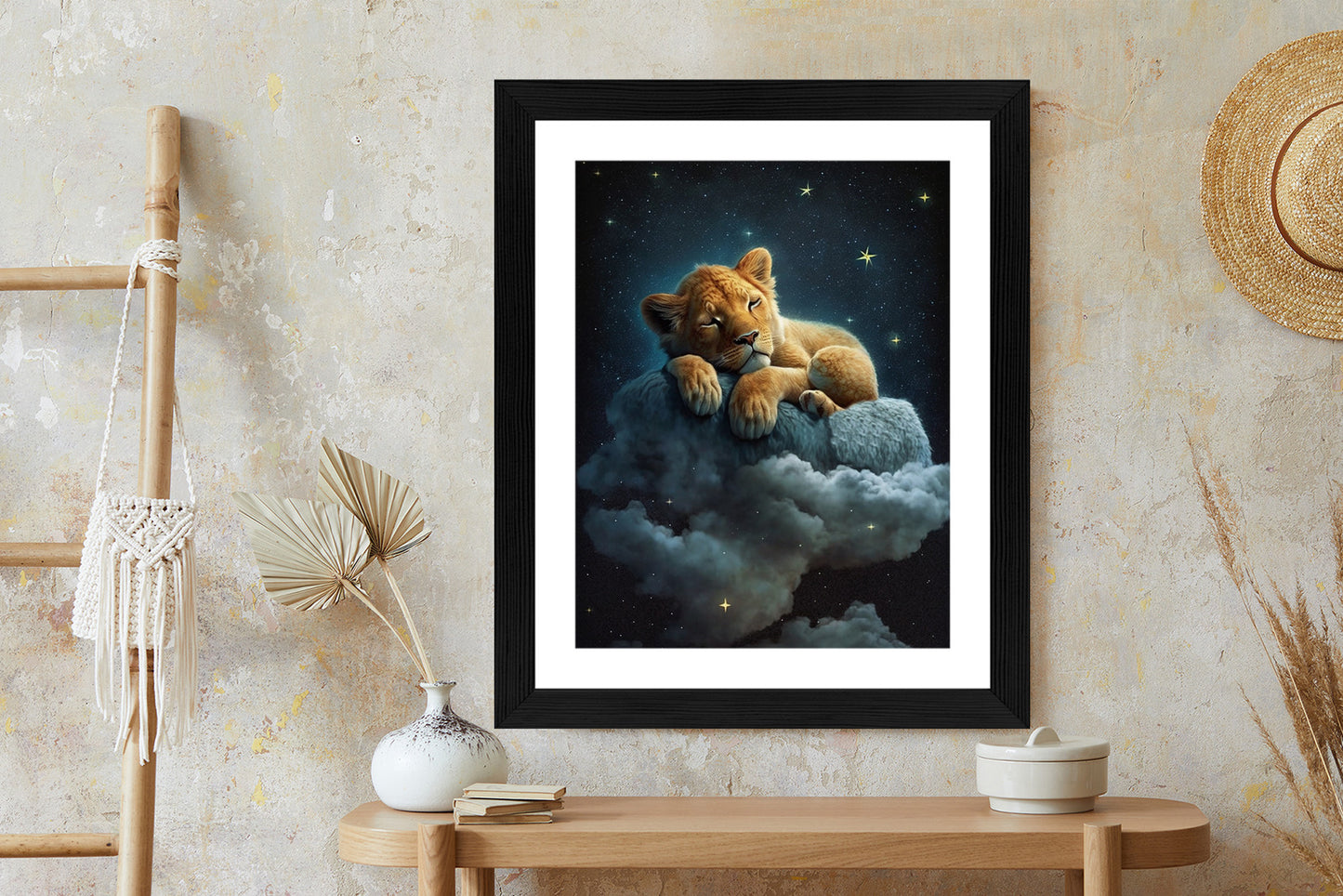 Poster Ein Löwe Schläft Auf Einer Wolke Rahmen Holz Mit Passepartout Farbe Natürlich