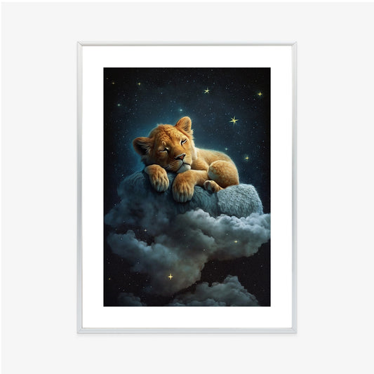 Poster Ein Löwe Schläft Auf Einer Wolke Rahmen Holz Mit Passepartout Farbe Natürlich