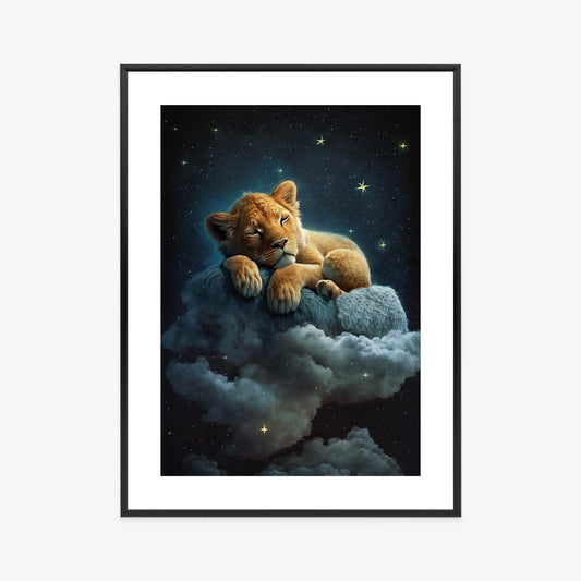 Poster Ein Löwe Schläft Auf Einer Wolke Rahmen Holz Mit Passepartout Farbe Natürlich