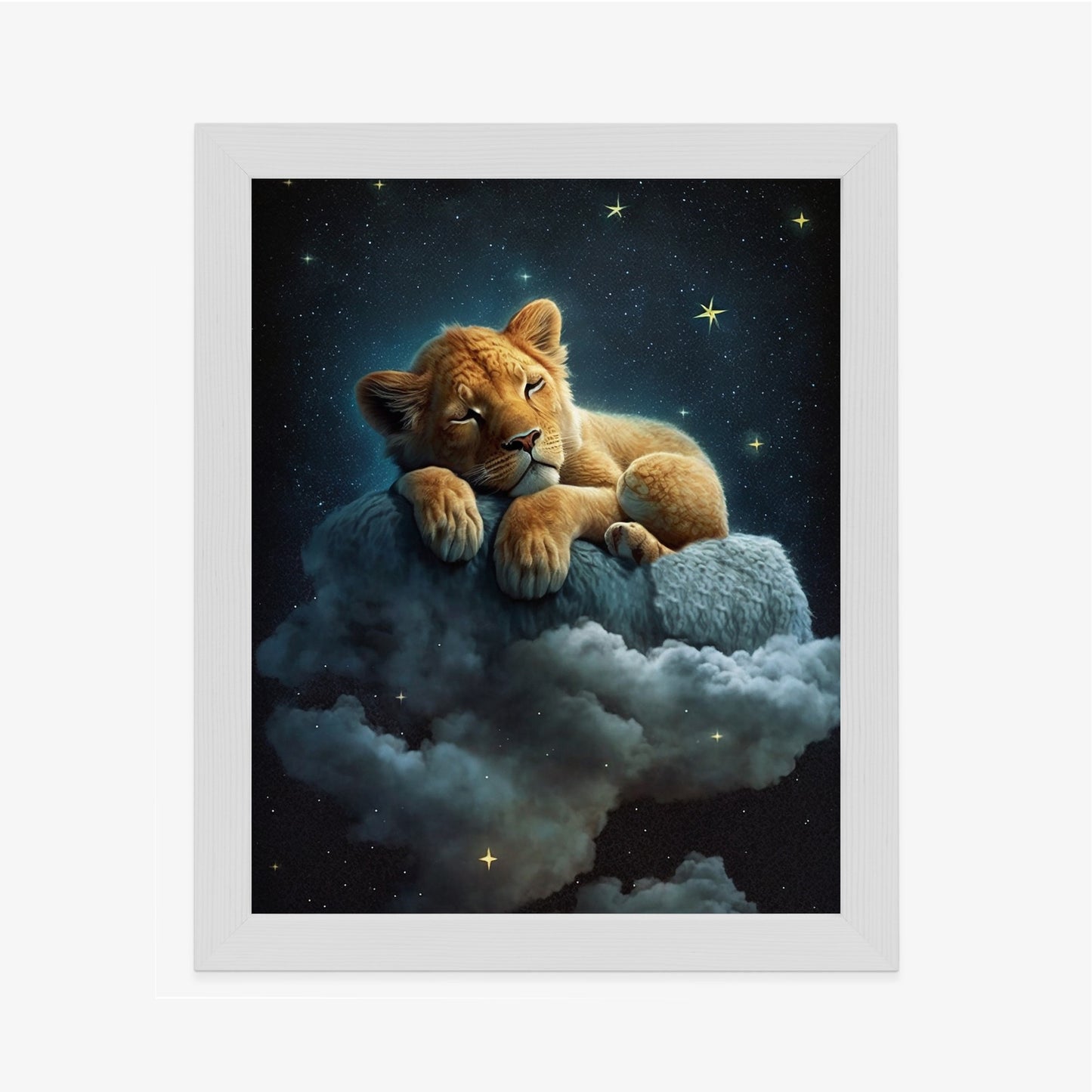 Poster Ein Löwe Schläft Auf Einer Wolke Rahmen Holz Mit Passepartout Farbe Natürlich