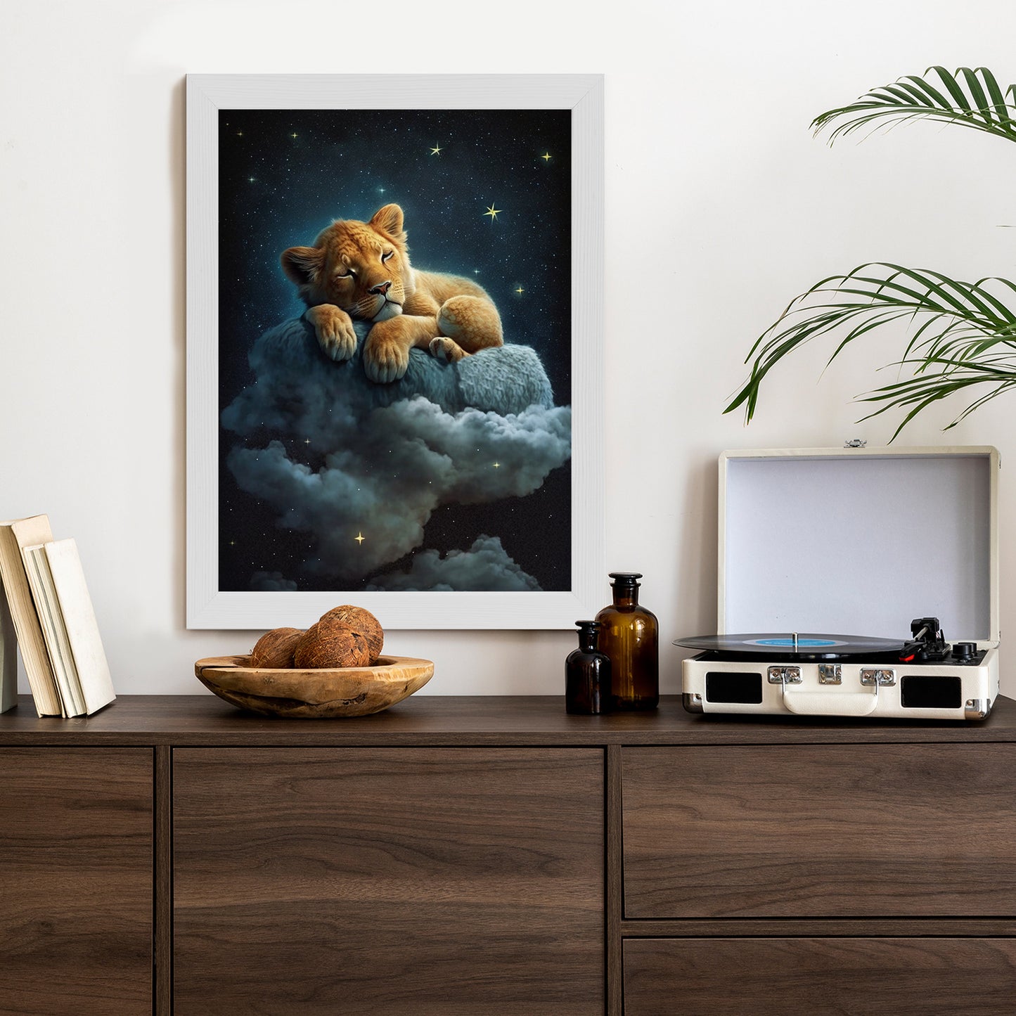 Poster Ein Löwe Schläft Auf Einer Wolke Rahmen Holz Mit Passepartout Farbe Natürlich