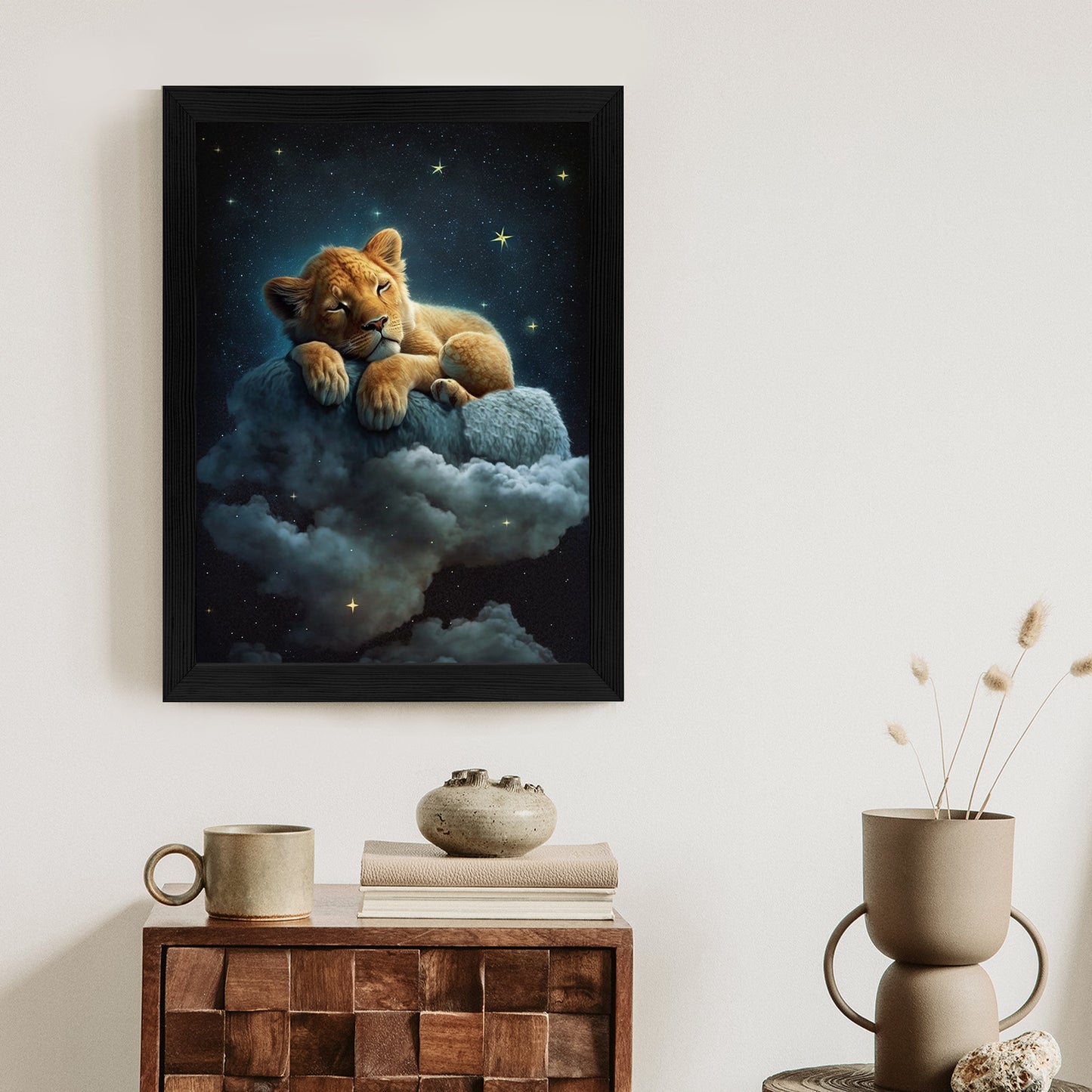Poster Ein Löwe Schläft Auf Einer Wolke Rahmen Holz Mit Passepartout Farbe Natürlich