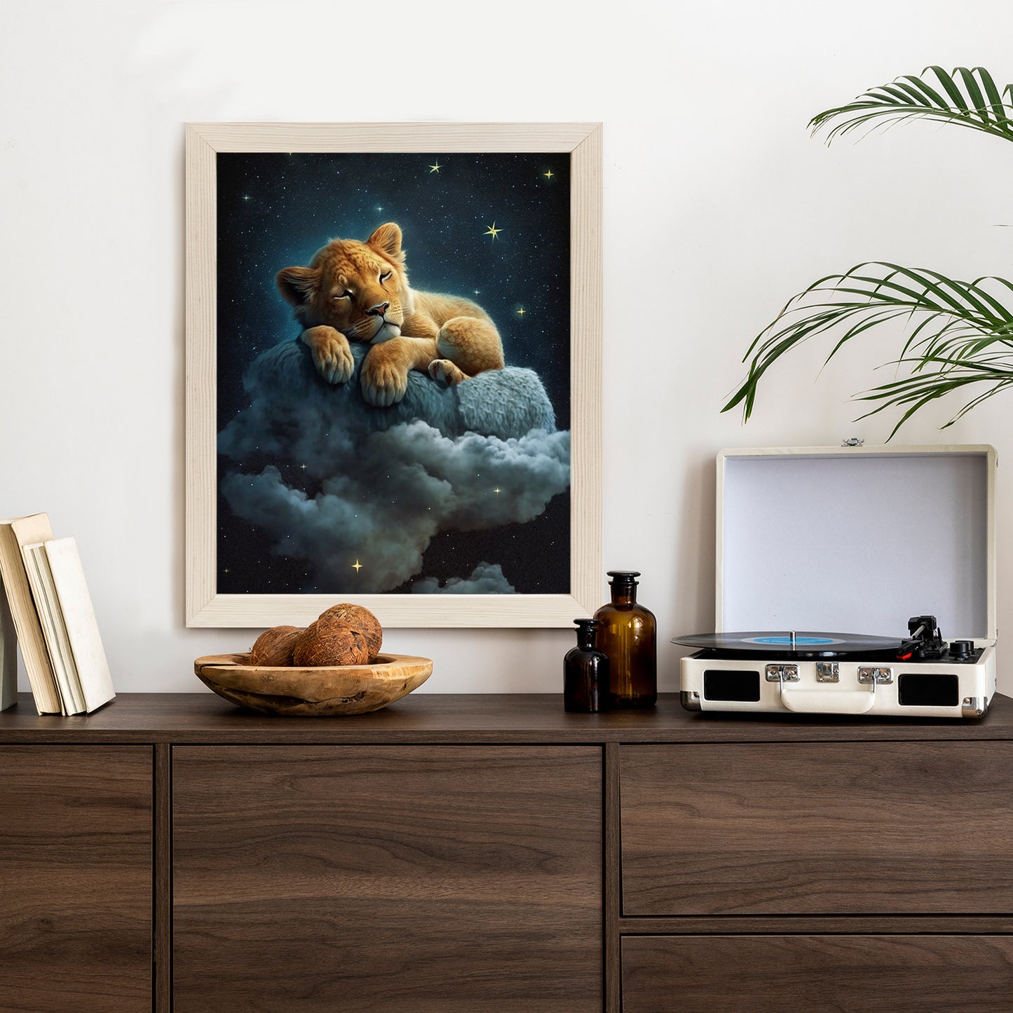 Poster Ein Löwe Schläft Auf Einer Wolke Rahmen Holz Mit Passepartout Farbe Natürlich