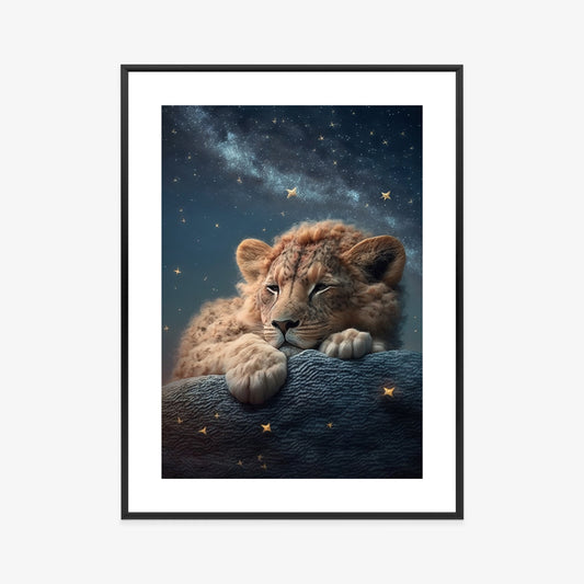 Poster Schlafender Löwe Und Nachthimmel Rahmen Holz Mit Passepartout Farbe Natürlich