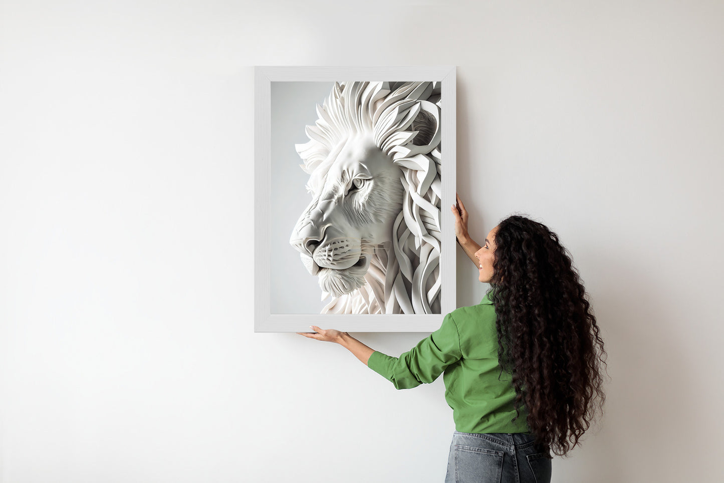 Poster Skulptur Eines Weißen Löwen Rahmen Holz Mit Passepartout Farbe Natürlich