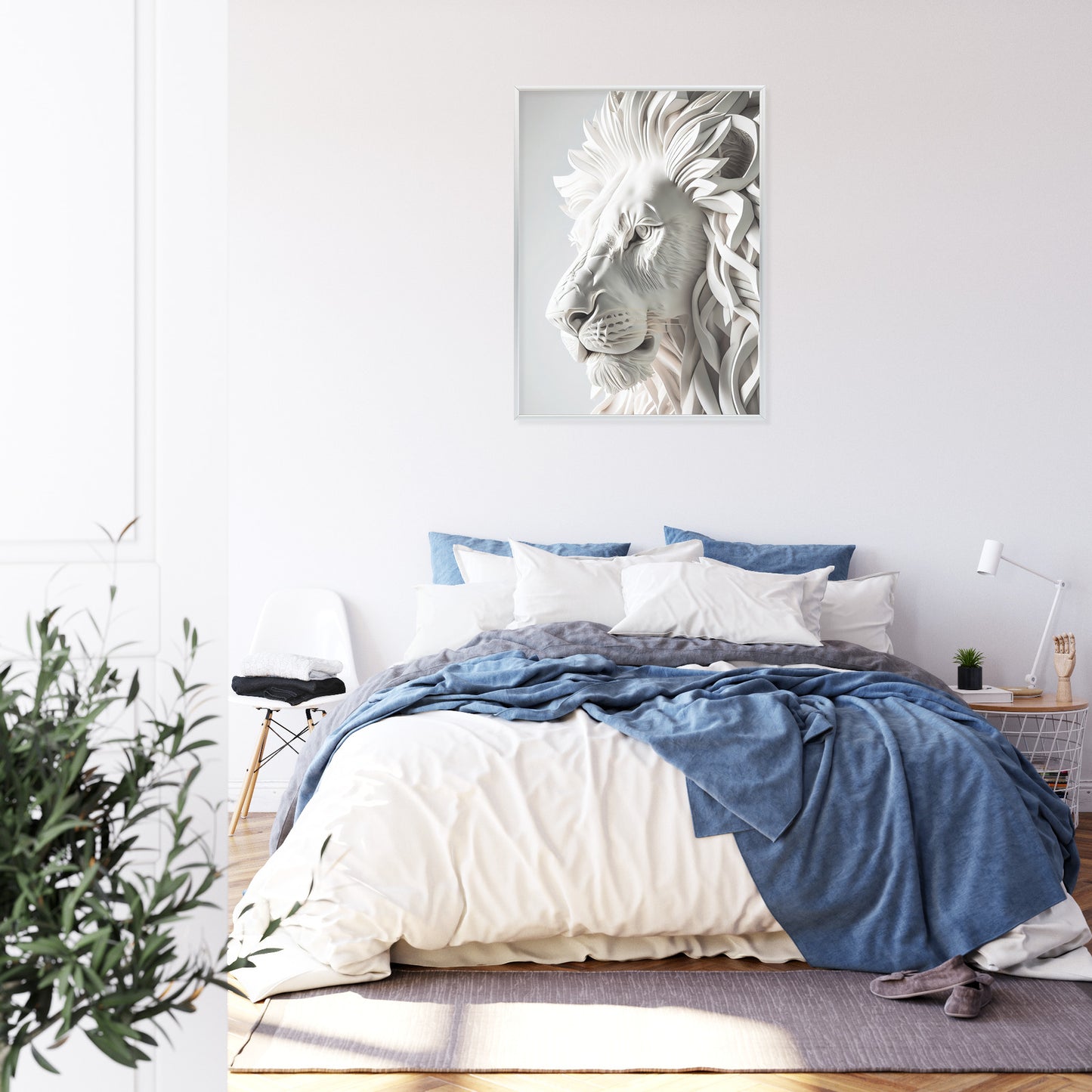 Poster Skulptur Eines Weißen Löwen Rahmen Holz Mit Passepartout Farbe Natürlich