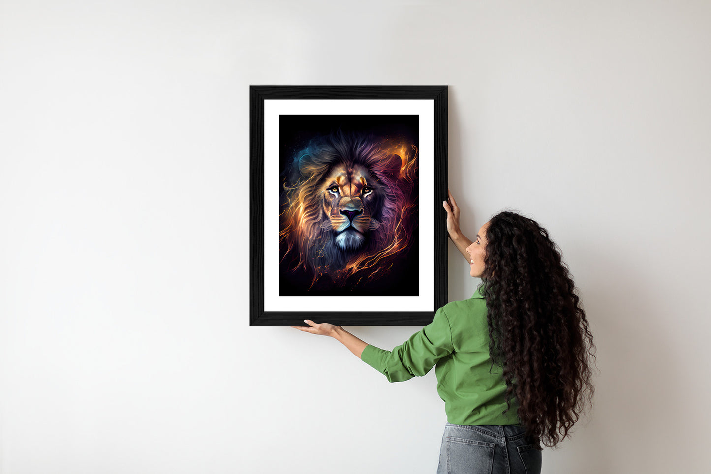 Poster Magisches Porträt Eines Löwen Rahmen Holz Mit Passepartout Farbe Natürlich