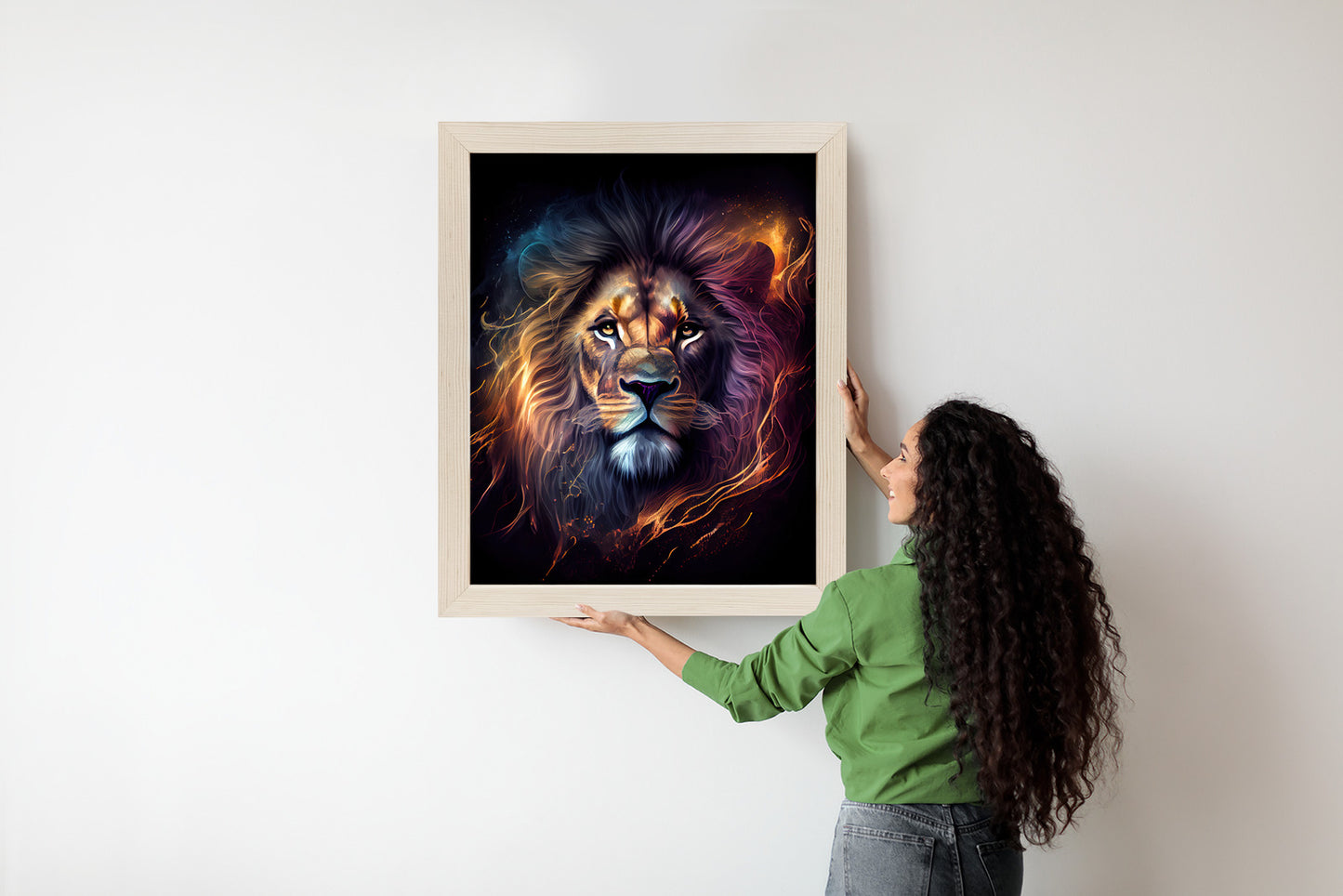 Poster Magisches Porträt Eines Löwen Rahmen Holz Mit Passepartout Farbe Natürlich