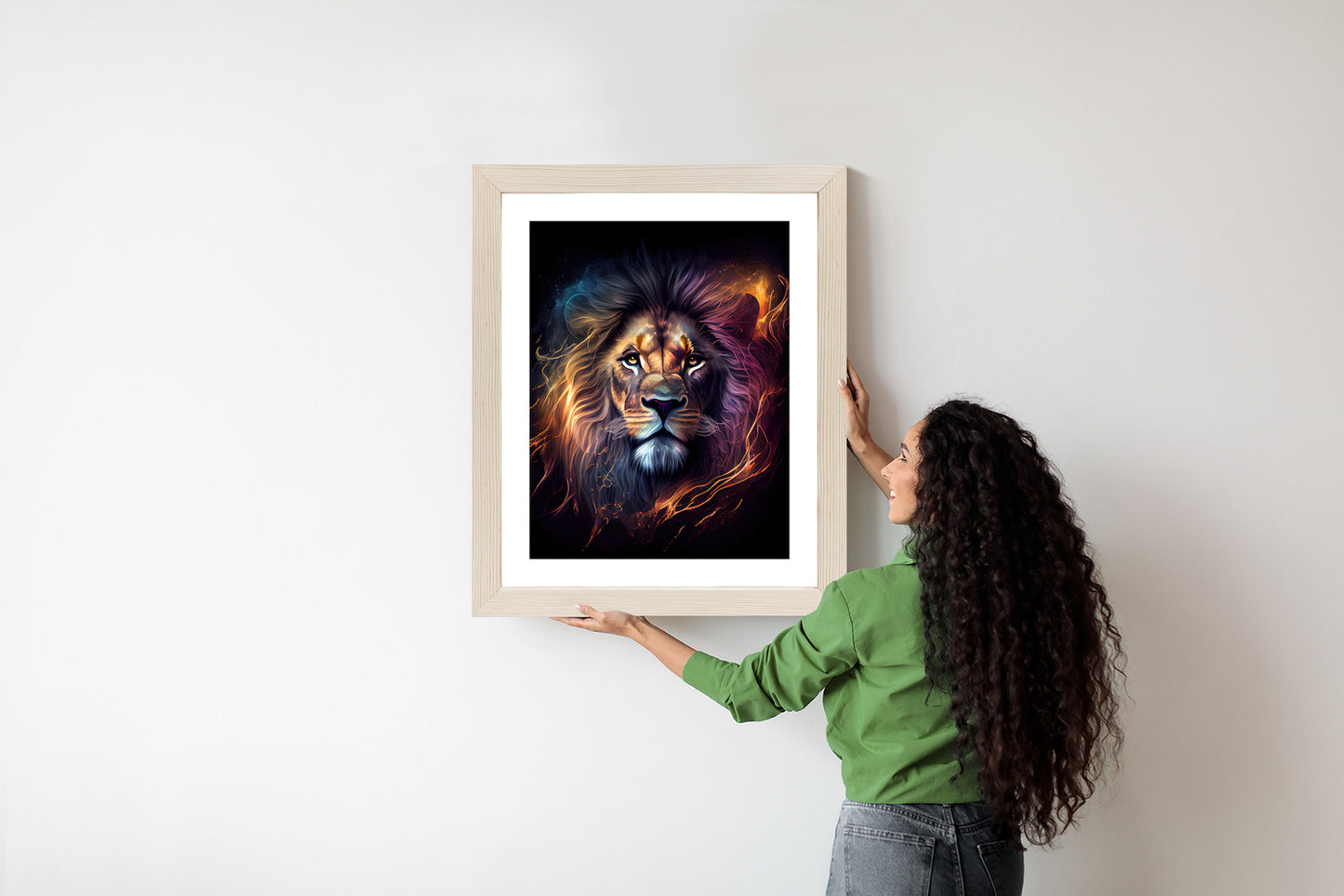 Poster Magisches Porträt Eines Löwen Rahmen Holz Mit Passepartout Farbe Natürlich