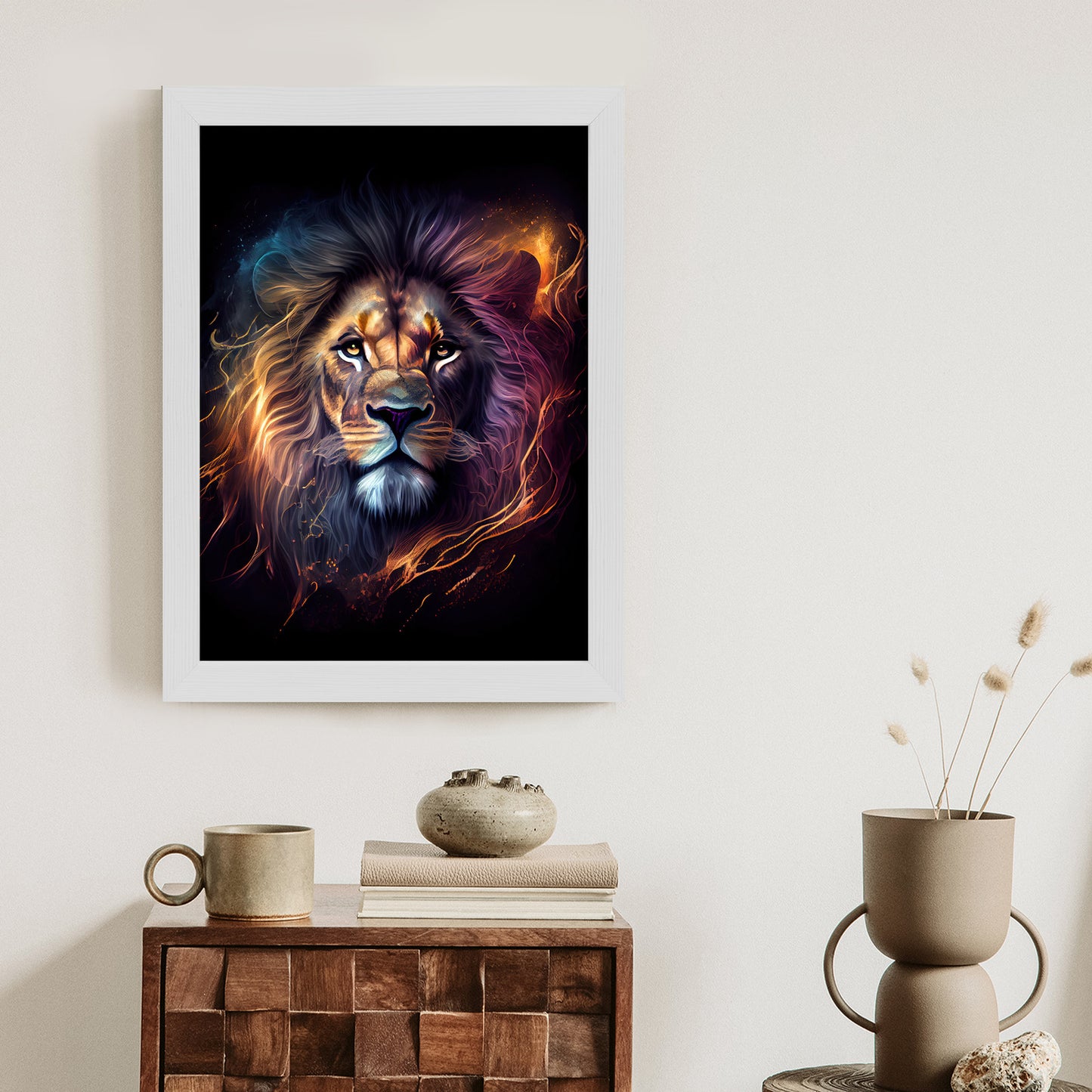 Poster Magisches Porträt Eines Löwen Rahmen Holz Mit Passepartout Farbe Natürlich