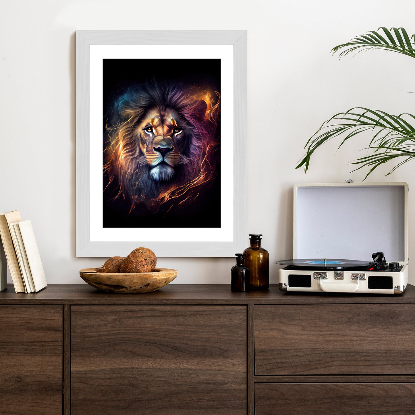 Poster Magisches Porträt Eines Löwen Rahmen Holz Mit Passepartout Farbe Natürlich
