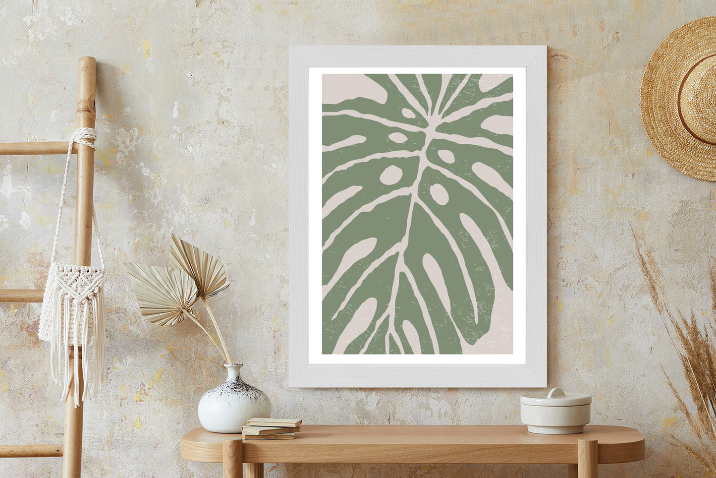 Poster Grünes Monstera-Blatt Rahmen Holz Mit Passepartout Farbe Natürlich