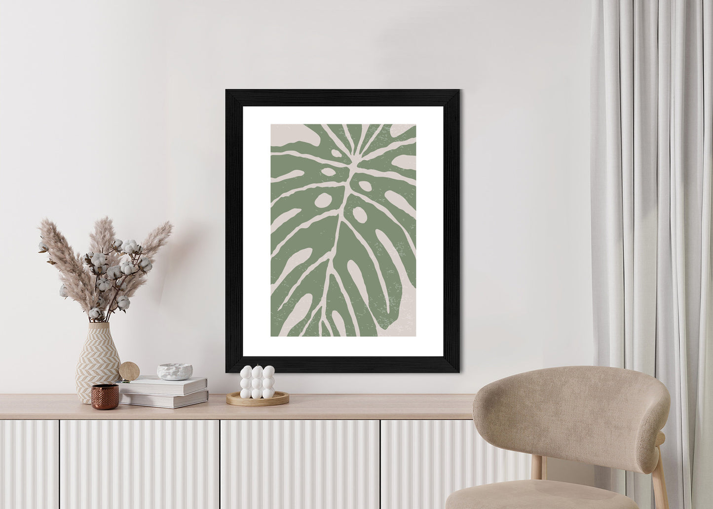 Poster Grünes Monstera-Blatt Rahmen Holz Mit Passepartout Farbe Natürlich