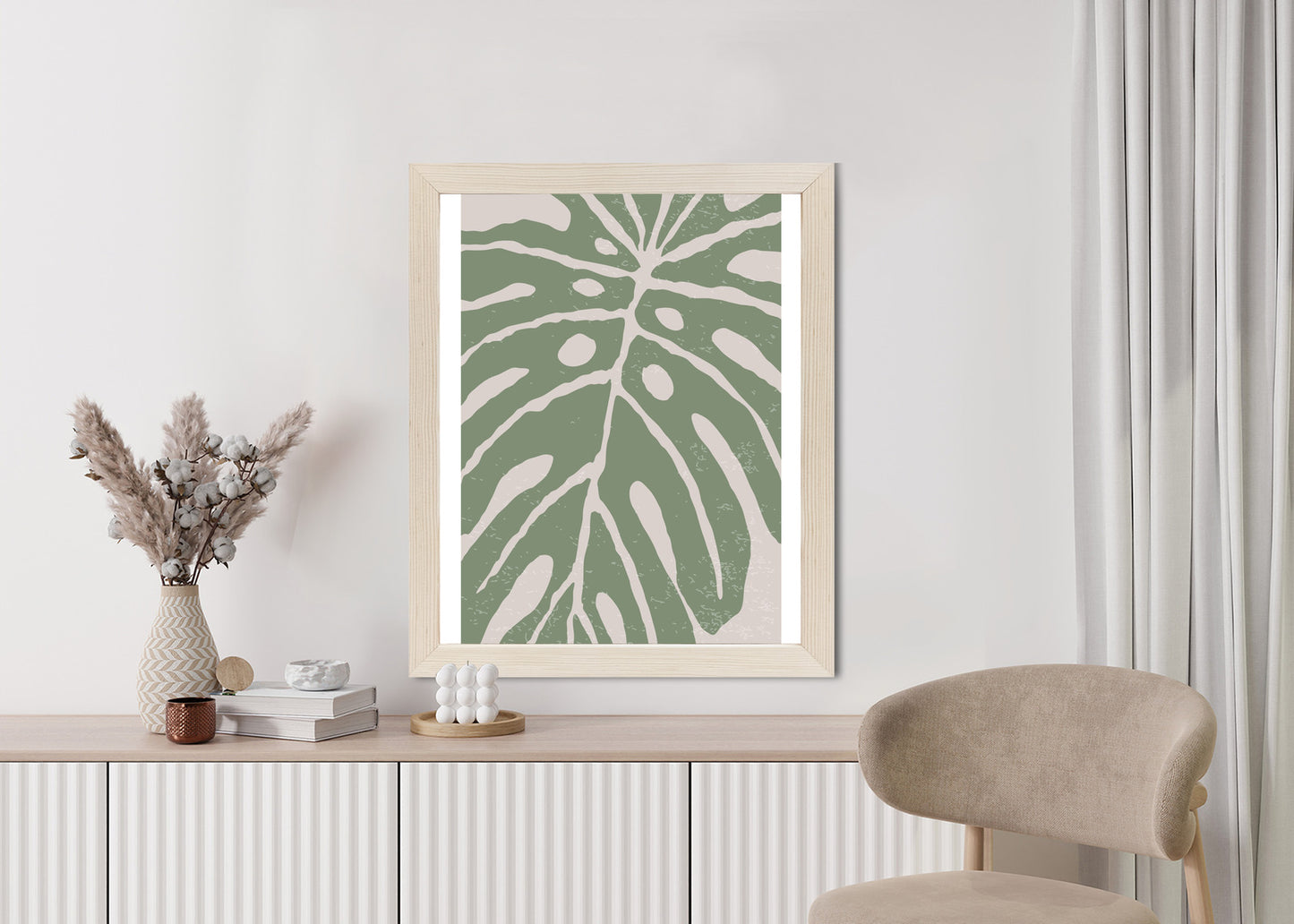 Poster Grünes Monstera-Blatt Rahmen Holz Mit Passepartout Farbe Natürlich