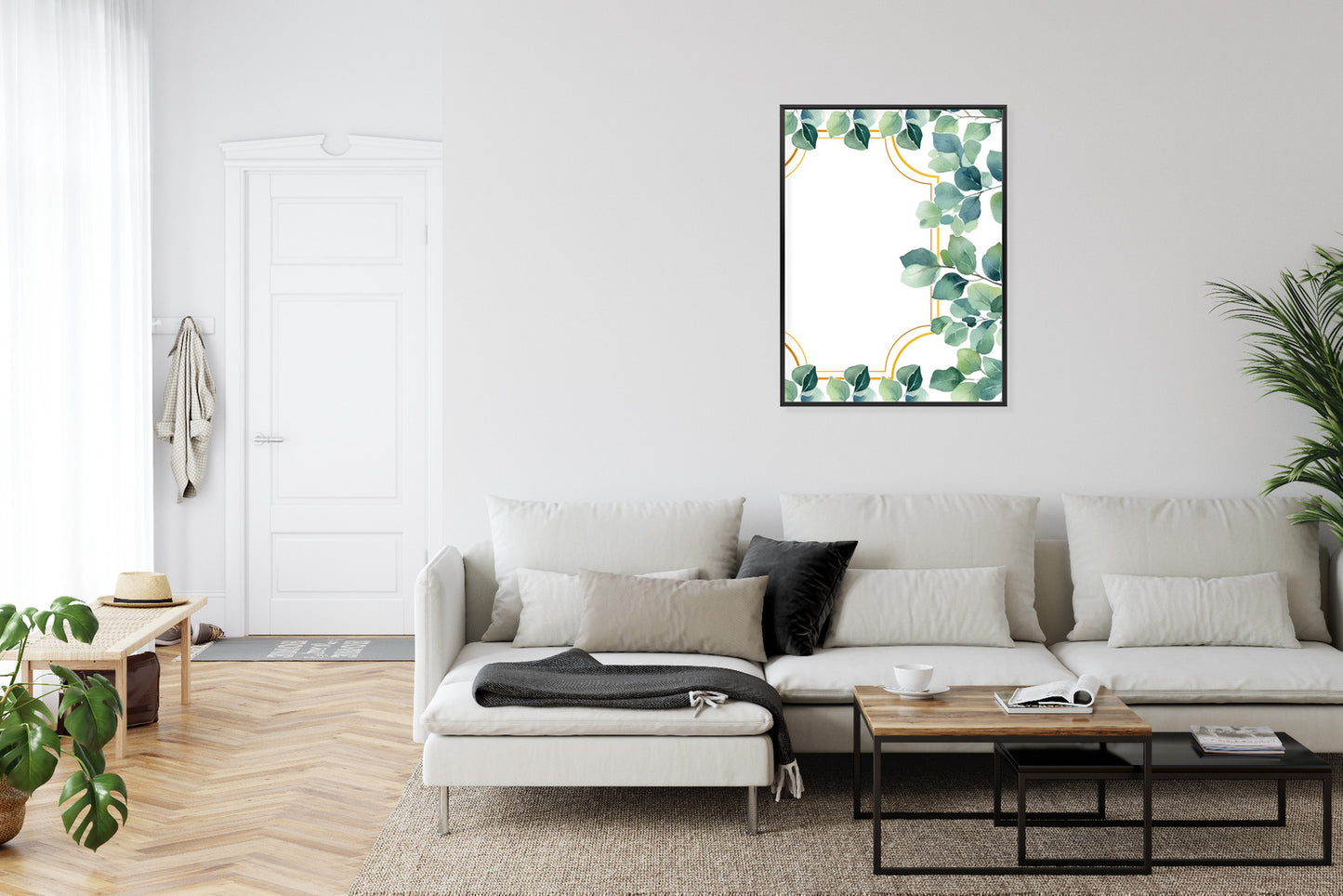 Poster Grüne Blätter In Einem Goldenen Rahmen Rahmen Holz Mit Passepartout Farbe Natürlich