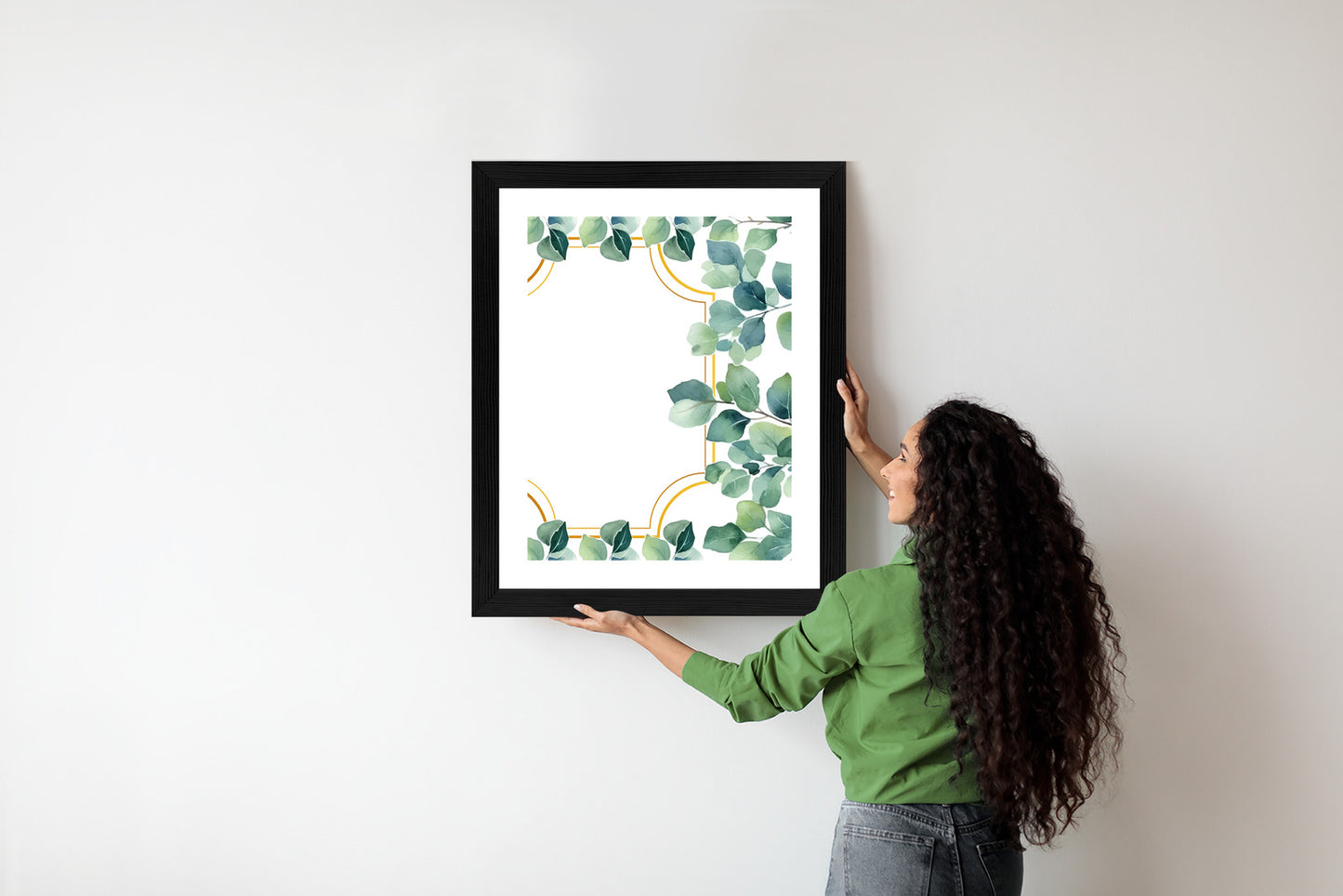 Poster Grüne Blätter In Einem Goldenen Rahmen Rahmen Holz Mit Passepartout Farbe Natürlich